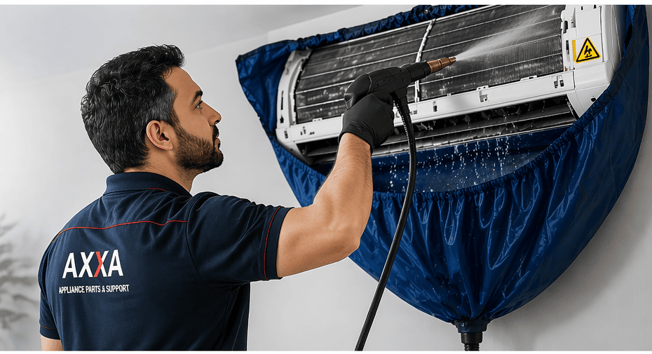 Technician cleaning an air conditioner